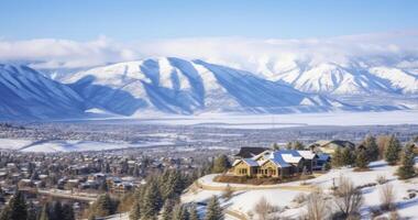 AI generated An Aerial Perspective of Snowy Mountain Homes with Breathtaking Valley Views. The scenic landscape is blanketed with snow on a snowy winter day photo