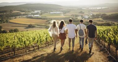 ai generado posterior ver grupo de joven amigos colgando fuera juntos, caminando en el viñedo en un soleado día foto