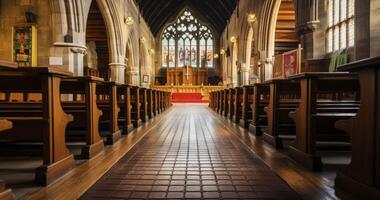 ai generado el armonioso mezcla de Arte y devoción en el interior de un Iglesia salón foto