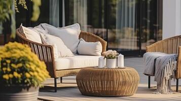 AI generated A Chic Armchair, Versatile Pouf Table, and Wicker Couch Gracefully Adorning a Terrace photo