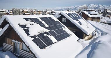 ai generado aéreo ver de nieve derritiendo desde solar paneles en un techo, aprovechando limpiar energía foto