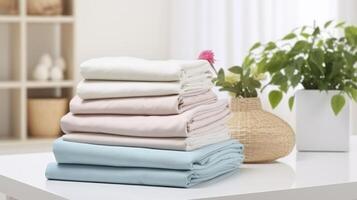 AI generated A Neat Stack of Clean Bedding Sheets Against a Blurred Laundry Room Backdrop photo