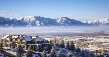 ai generado el idílico escena de cubierto de nieve montaña casas, con vista a un prístino Valle foto