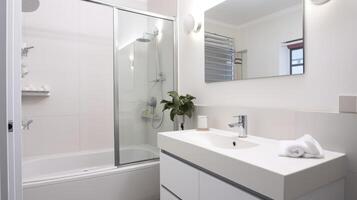 AI generated Minimalist Haven - A Newly Designed, Stylish White Bathroom in a Modern Residence photo