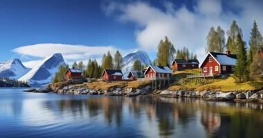 AI generated A Calm Afternoon Scene with Small Houses Lining the Tranquil Lakeside photo