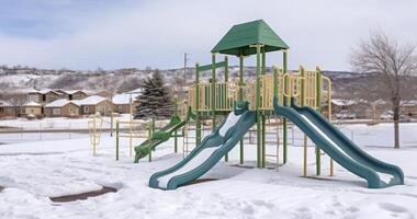AI generated Green slides of playground on snow covered neighborhood park against cloudy sky photo