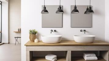 AI generated A Minimalist Bathroom Boasting a Pair of Sinks and a Warm Wooden Vanity photo