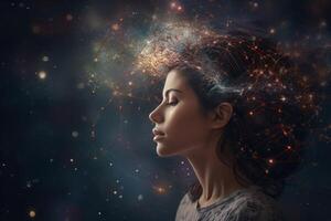 AI generated Woman enveloped expansive universe. Generate AI photo