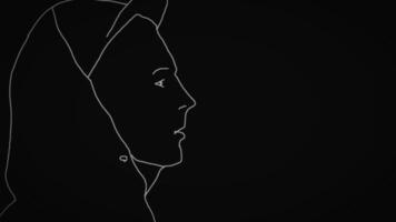 White contour of young man in profile exhaling cigarette smoke on black background. White silhouette of teenager in hood and cap who smokes cigarette on black background. video
