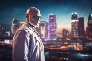 AI generated Bald headed serious doctor on night town background. Generate ai photo