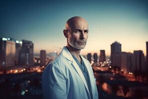 AI generated Bald headed doctor on cityscape background. Generate ai photo