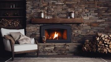 AI generated Cozy living room with fireplace, winter interior photo