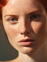 AI generated Portrait of a beautiful young woman with blue eyes, ginger hair, freckles, skin details. Natural beauty close-up of a cute model photo