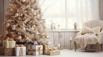 ai generado acogedor invierno vivo habitación con Navidad árbol. Navidad y nuevo año concepto foto