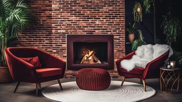 AI generated Cozy winter living room, warm interior. Christmas and New Year concept photo