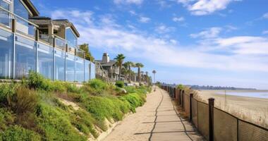 AI generated Residential Beauty Along a Pathway, Framed by Glass Fences and a Cloud-Streaked Sky photo