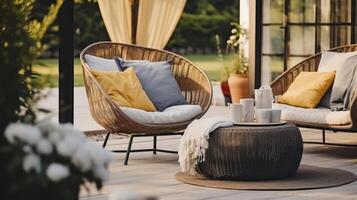 AI generated A Welcoming Armchair, Pouf as a Functional Table, and Cozy Wicker Couch on a Serene Terrace photo