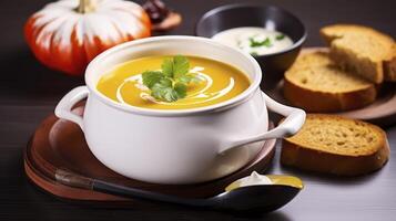 AI generated Autumn Delight - Pumpkin soup with cream in ceramic pot photo