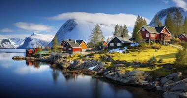 AI generated A Calm Afternoon Scene with Small Houses Lining the Tranquil Lakeside photo