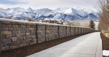 AI generated Enchanting Route - A Road Edged with a Stone Wall, Unveiling a Neighborhood Set Against Snowy Mountains and a Grey Sky photo