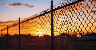 AI generated Mesh wire fence and barbed wire at sunset. Outside view of an area enclosed in a fence and gate of mesh wire with barbed wires photo