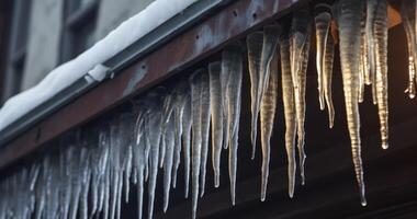 AI generated Spiked icicles at the edge of pitched gray roof with clumps of snow in winter photo