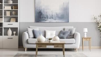 AI generated A Cozy Grey Settee in an Apartment Setting, Flanked by an Elegant Painting and Ambient Lamp photo