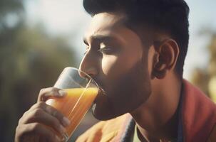 AI generated Asian man drinking juice. Generate ai photo