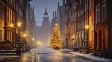 ai generado un maravilloso Navidad árbol luces arriba el invierno noche foto