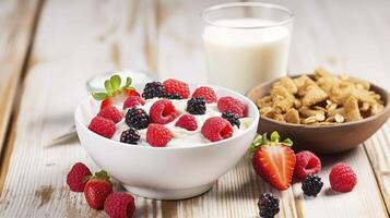 ai generado un vistoso desayuno de cereal, mezclado bayas, leche, y Miel, ingeniosamente arreglado en un blanco de madera mesa foto