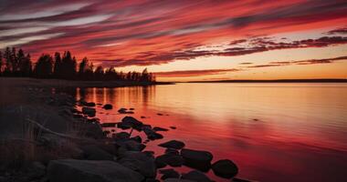 AI generated A Crimson Sunset Casting Its Glow Over the Gulf's Tranquil Waters photo