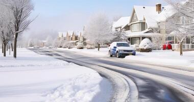 AI generated A Neighborhood Blanketed in Frost, with Snowy Vehicles Parked Under a White Sky photo