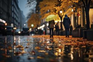 AI generated people walking down a street with yellow umbrella photo