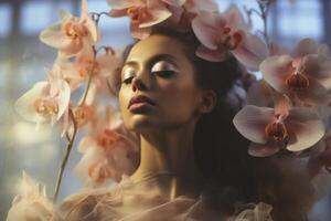 AI generated beautiful woman with orchid flowers in her hair photo