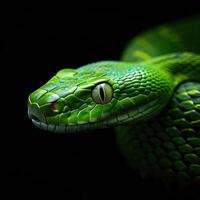 AI Generated In this mesmerizing close-up, encounter a vibrant green snake showcasing its intricate scales photo