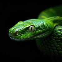 AI Generated In this mesmerizing close-up, encounter a vibrant green snake showcasing its intricate scales photo