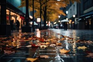 ai generado otoño hojas en el suelo en un ciudad a noche foto