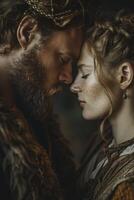 AI Generated Viking couple embraces passionately against a medieval backdrop, creating a captivating scene for a romance novel's enchanting book cover photo