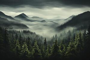 AI Generated Enchanting fog blankets the evergreen forest, transforming it into a mystical haven photo