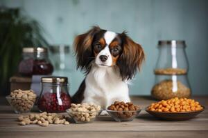 AI generated a dog sits in front of a table with food and bowls photo