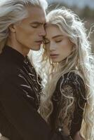 AI Generated In a medieval fantasy, a blonde man and woman, dressed in regal attire, share an intimate moment, perfect for a romantic book cover capturing the essence of timeless love photo