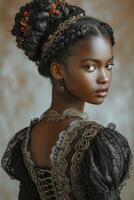AI Generated In cinematic light and high key, capture the allure of a beautiful black woman in medieval clothing photo