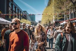 AI generated people walking down a street at a market photo