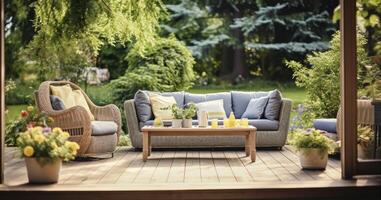 ai generado un relajante Mancha para un cálido, verano día - un elegante, de madera terraza con mimbre jardín muebles, cojines, plantas y flores foto