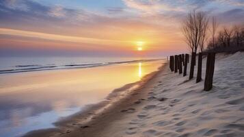 ai generado el asombroso ver de amanecer terminado el arenoso playas foto