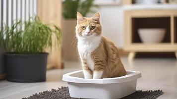 AI generated A Cute Cat Contentedly Settled in Its Litter Box Inside the Room photo