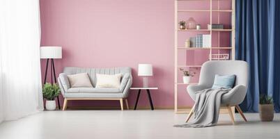 ai generado elegante contraste - un gris Sillón en contra un rosado pared en un espacioso y elegante dormitorio interior foto