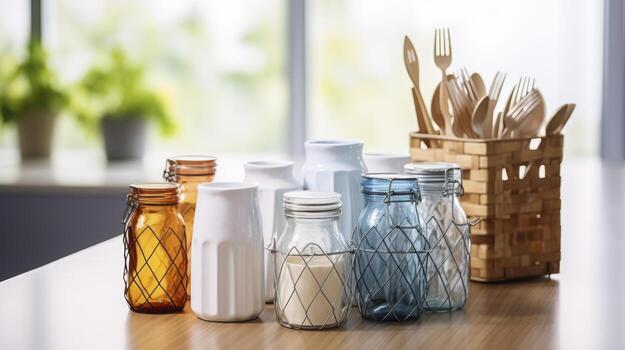 AI generated A Collection of Kitchenware Neatly Arranged in a Lattice Container on a Spacious Kitchen Table photo