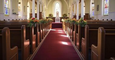 ai generado el sereno interior de un religioso capilla preparado para un solemne funeral Servicio foto