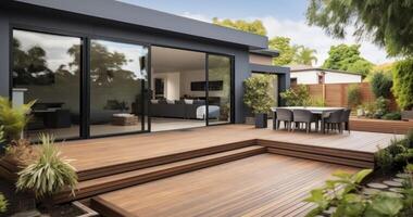 AI generated Home's Modern Extension Featuring a Chic Deck, Inviting Patio, and Serene Courtyard photo